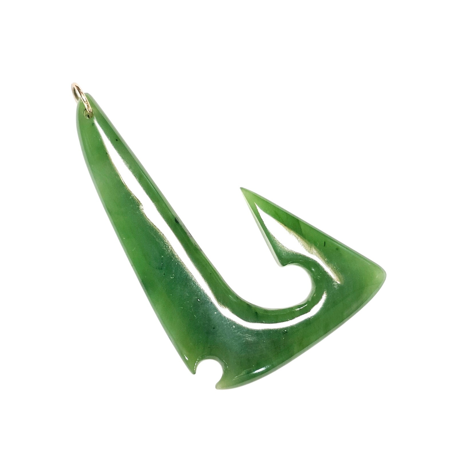 New Zealand Pounamu Hei Matau (Fish Hook) Pendant, 14k Bail, 2 7/8"